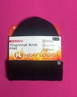 Heat Logic Women’s Thermal Knit Hat Black Double Layer Rib Knit Warm Beanie